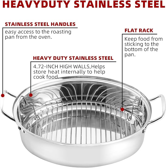 Roasting Pan With Rack and Lid,Oval Stainless Steel Turkey Roasting Pan,22INCH(With Handle), Dishwasher Safe Bakeware for Turkey,Roasted Chicken,Beef or Veggies,by DIMESHY