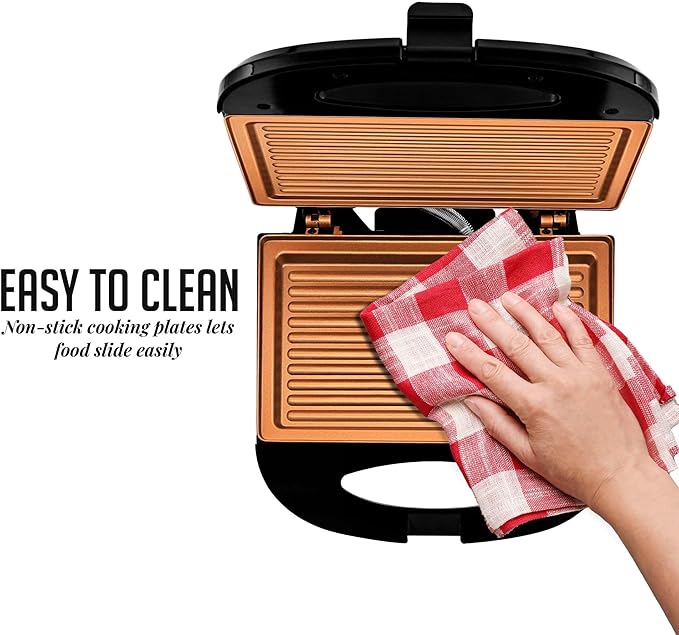 OVENTE Electric Panini Press Grill with Nonstick Plates, LED Indicator Lights, Thermostat Control, Compact Sandwich Maker Perfect for Cooking Breakfast, Steaks, Eggs Snacks & More, Copper GP0110CO