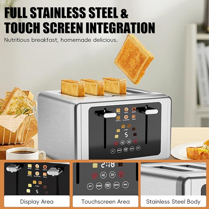 4 Slice Toaster, Touchscreen & Dual Independent Control Panel，5 Basic Functions & Digital Countdown Toasters, 6 Shade Settings＆6 Bread Types, Smart Bread Maker Mute/Screen-Off,Brushed steel