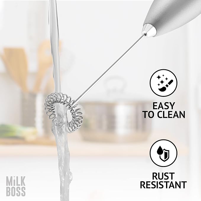 Milk Boss Matcha Whisk - Handheld Electric Stirrer - Matcha Frother Wand & Drink Mixer - Electric Whisk for Matcha Tea & Green Tea - Durable Stainless Steel Matcha Blender - Silver Comfortable Grip