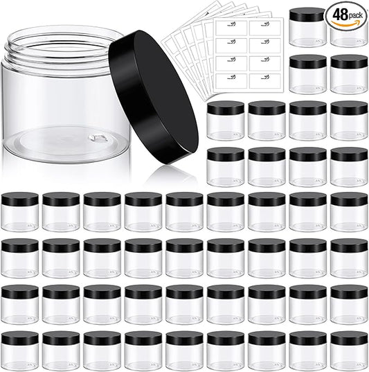 TUZAZO 48 Pack 6 Oz Plastic Container Jars with Lids and Labels BPA Free, Empty Round Clear Cosmetic Containers Plastic Slime Jars for Lotion, Cream, Ointments, Body Butter, Travel Storage (48)