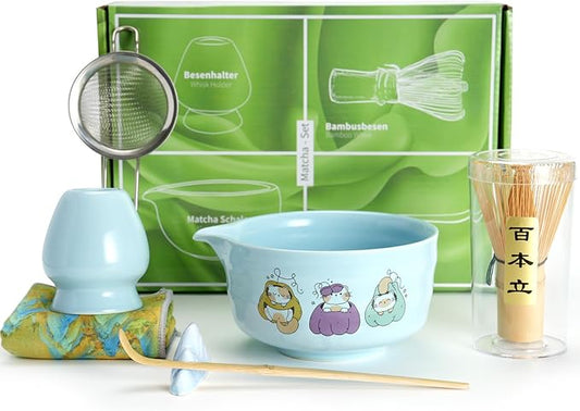 Matcha Whisk Set 7 Pcs Ceramic Matcha Kit with Bowl,Bamboo Whisk & Holder,Scoop,Rest,Stainless Steel Sifter,Tea Towel–Traditional Japanese Tea Ceremony Tools Set(Blue)