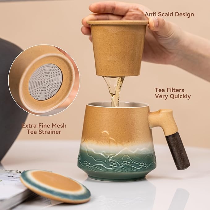 Tea Cup with Infuser and Lid 15oz - Kiln-Transformed Ceramic Mug with Mountain-Ocean Relief, Antique Bronze-Green Gradient & Wood Handle Tea Set