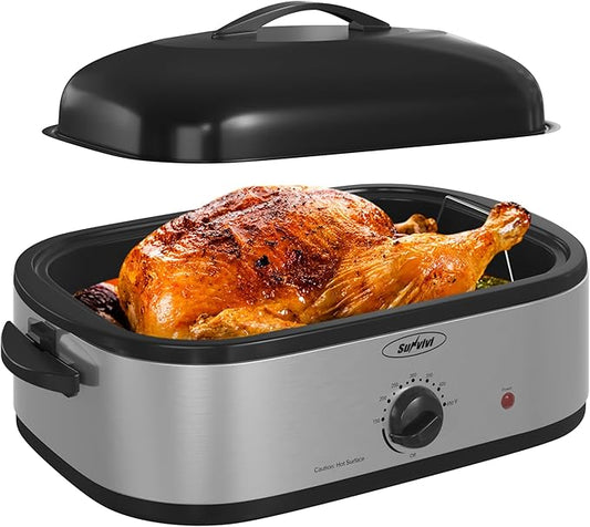 Sunvivi 14-Quart Electric Roaster Oven with Self-Basting Lid, Stainless Steel Turkey Roaster Oven with Rack, No Removable Pan, Easy to Clean, Silver