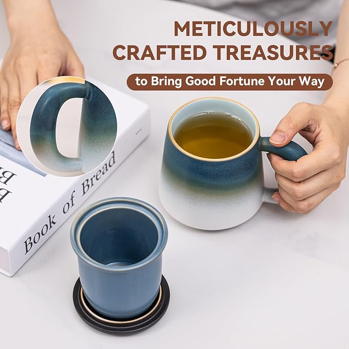 Tea Cup with Infuser and Lid 16oz - Kiln-Transformed Ceramic Mug with Blue-White Gradient, Large Grip Handle Loose Leaf Tea Set, Anniversary Birthday Gift