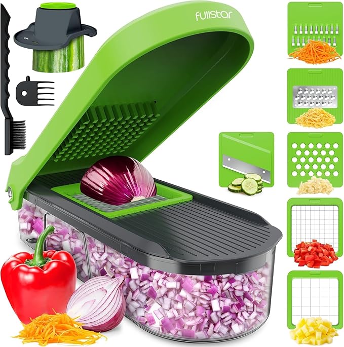 Fullstar Mandoline Slicer for Kitchen - Vegetable Chopper, Onion Potato Food Veggie Fruit Slicer and Cutter with Container, Kitchen Gadgets & Accessories, Home Essentials (6-in-1, Gray/Green)