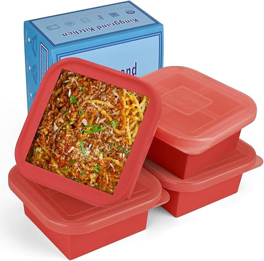 2 Cup Silicone Freezer Trays with Lid 4 Pack Silicone Soup Freezer Molds Soup Containers Make 4 Perfect Soups, Broths, Stews, Sauces, Curries(Red)