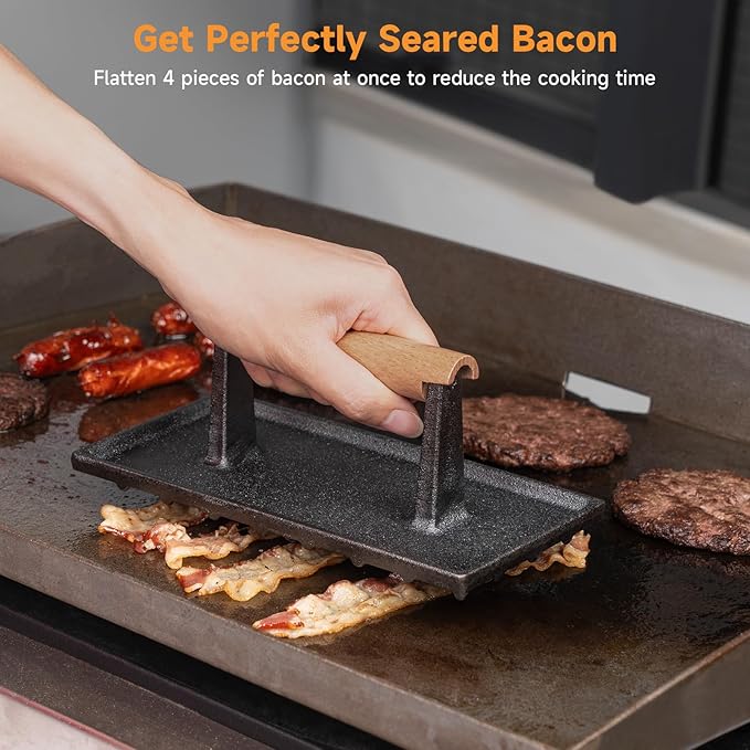 SHINESTAR Bacon Press, 8" × 4" Cast Iron Grill Press for Blackstone Griddle, Ideal for Bacon, Burger, Panini, Pre-Seasoned, Indoor and Outdoor Cooking, Rectangle