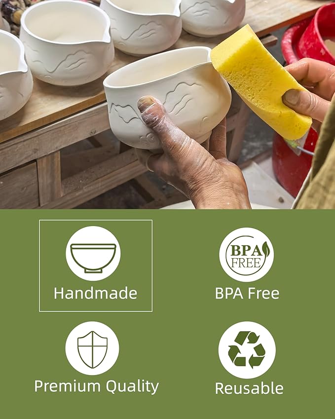 ZENS Matcha Whisk Set, 15oz Ceramic Matcha Bowl with Spout and Bamboo Whisk, (Chasen Holder) Scoop & Tea Towel, 5pcs Matcha Kit for Matcha Ceremony, Emerald Green
