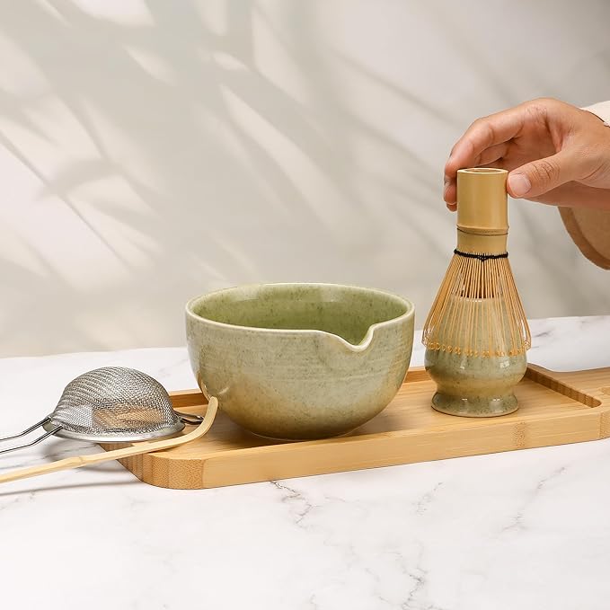 Matcha Tea Set 5 Pcs, Japanese Traditional Ceramic Bowl, Bamboo Whisk (Chasen), Scoop (Chashaku), Whisk Holder,Stainless Steel Sifter