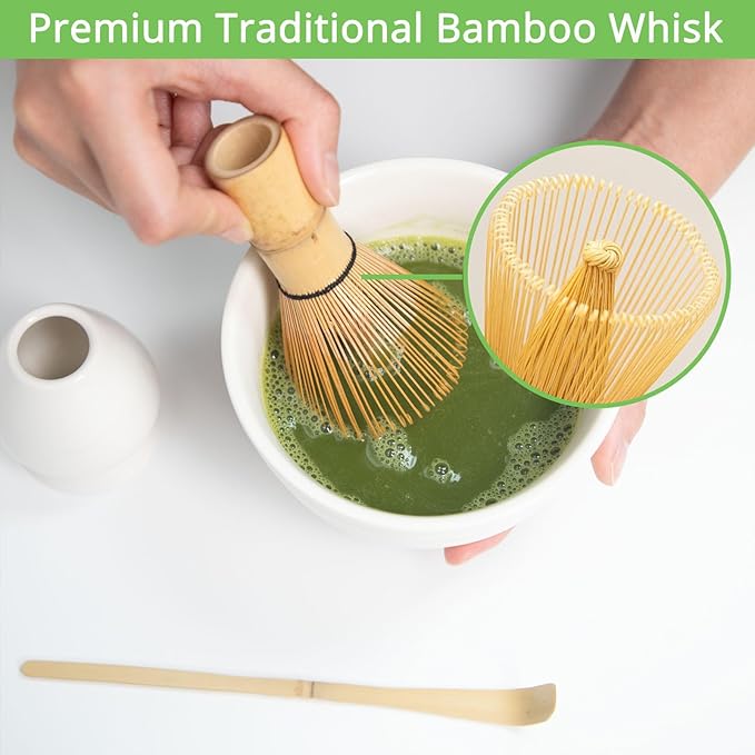Matcha Whisk Set, White Matcha Kit with Bowl, Whisk, Bamboo Scoop, Scoop Rest, Sifter - 5 Pcs Kit for Lover