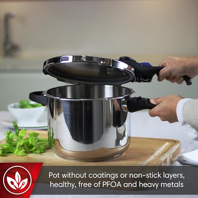 MAGEFESA Favorit 8 Qt Pressure Cooker – Easy-to-Use Fast Cooking Pot, 18/10 Stainless Steel, Induction Compatible, Even Heat Distribution, Works on All Stovetops