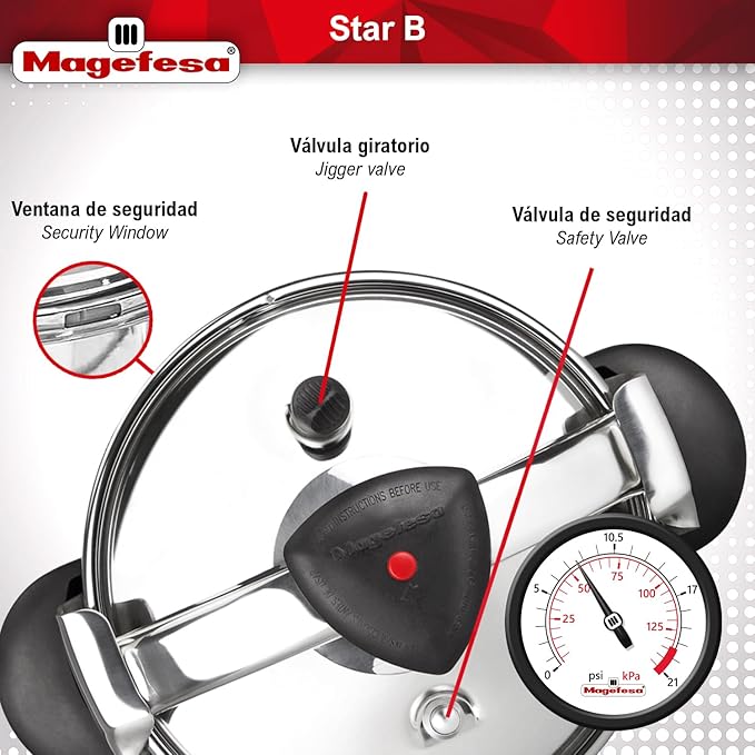 MAGEFESA Star Belly Pressure Cooker 6.3 Qt – 18/10 Stainless Steel, Rounded Bottom, 3 Safety Systems, Works on All Stovetops Including Induction, 8 PSI