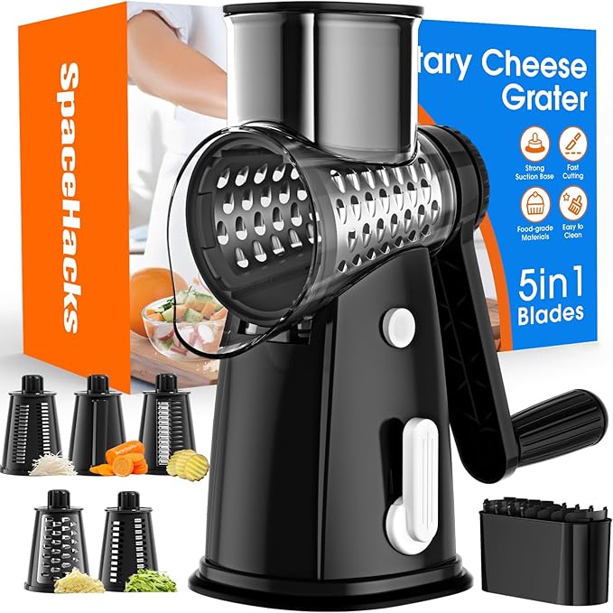 Rotary Cheese Grater Hand Crank with 5 Interchangeable Blades, Vegetable Slicer Chopper for Fruit Vegetable Nuts, Mandoline Slicer for Kitchen with Blades Rack & Suction Base, Black