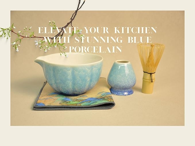 Matcha set, 8pcs Matcha Set Kit Includes Ceramic Matcha Bowl, Bamboo Whisk (Chasen), Whisk Holder, Sifter, Bamboo Scoop, Scoop Rest, Tea Towel, Matcha Whisk Set for Matcha Tea Ceremony, Blue
