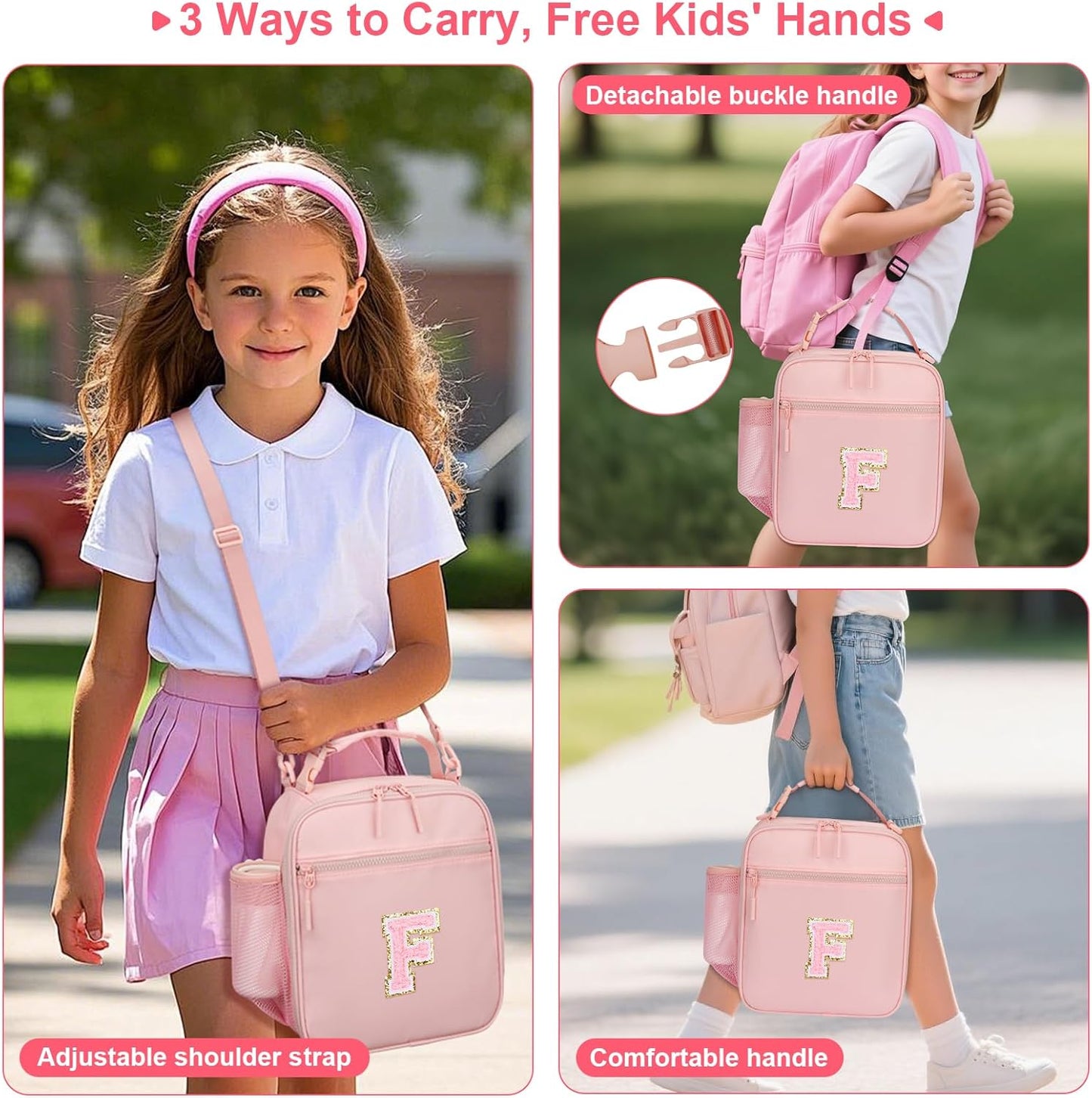 Initial Insulated Lunch Bag for Girls Kids, Back to School Gift, Reusable Leak-proof Lunch Box with Adjustable Strap for School Daycare Travel Picnic (Pink,F)
