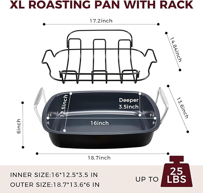 HONGBAKE Extra Large Turkey Roasting Pan with Rack (U-Shaped), 18.7×13.6 Inch Nonstick Roaster Pan for 25 lb Turkey & Chicken, Deep Turkey Tray for Oven, Wider Handles, 0.8 mm Heavy Duty Steel, Gray