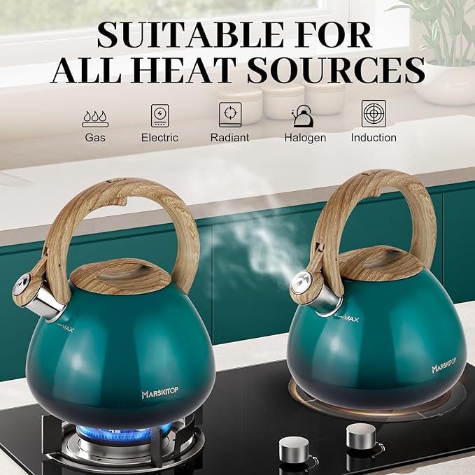 MARSKITOP Tea Kettle Teapot for Stovetop, 2.6 Quart Stainless Steel Tea Pot for Stove, Stove Top Whistling Tea Kettle with Anti-Hot Handle, Suitable for All Heat Sources, Green