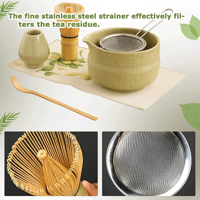 Matcha Whisk Set, Ceramic Matcha Set Includes Matcha Bowl, Matcha Whisk and Holder, Bamboo Scoop, Sifter and Tea Towel - 7 Pcs Matcha Kit for Matcha Lovers