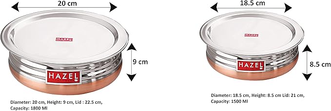 HAZEL Stainless Steel Copper Bottom Pot Handi with Lid | Urli Vessel Cooking Stainless Steel | Serving Tope Handi | Serveware set of 5 (600 ml, 900 ml, 1200 ml, 1500 ml, 1800 ml) | 3 Months Warrenty