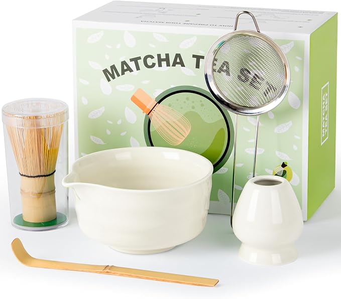 Matcha Set,5 Pcs Matcha Whisk Set Includes Bowl with Spout, Whisk,Holder,Bamboo Scoop and Sifter- Matcha Kit for Making Breakfast/Latte,Gift for Lovers（White）