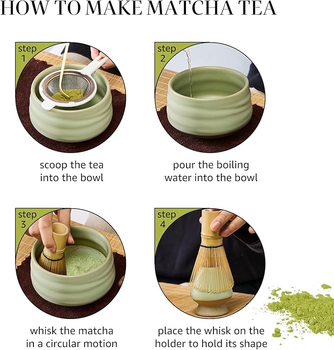 Sisher Matcha Whisk Set,Matcha Set Whisk and Bowl,Japanese Tea Set (5pcs) Includes Matcha Bowl, Matcha Whisk and Holder, Bamboo Scoop, Scoop Rest and Sifter Matcha kit for Matcha Lovers (Green)