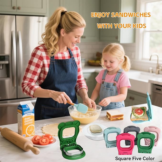 Sandwich Cutter and Sealer - 3.7" Circle & Square Pocket Sandwich Maker, Intuitive & Easy-to-Use for Boys &Girls, Perfect for Breakfast & Lunchboxes (Green, Square)