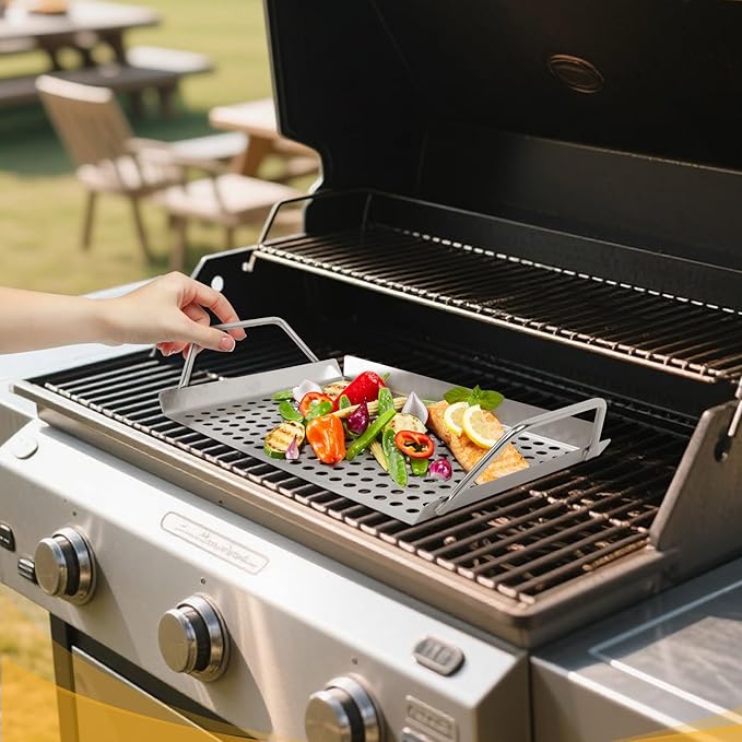 11 x 7 Inch Nonstick Grill Tray with Handles,Perforated Stainless Steel Grill Pans for Outdoor Grill,Heavy Duty Grilling Accessories for Charcoal/Gas Grills,Easy to Use and Clean