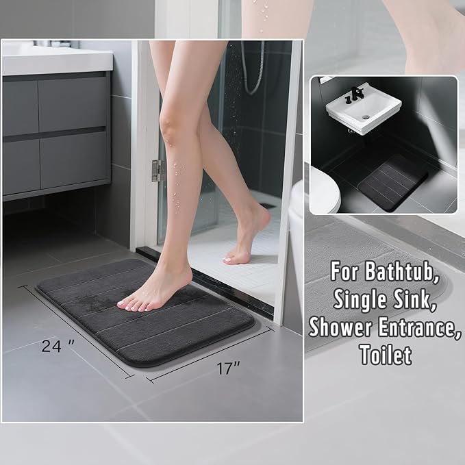 Yimobra Memory Foam Bath Mat, Super Soft Absorbent Bathroom Rug Non Slip 24x17 Inch, Quick Dry, Machine Washable Floor Carpet for Tub Shower, Home Decor Accessories, Dark Gray