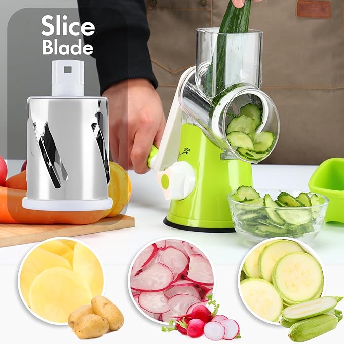 Cheese Grater Hand Crank, Rotary Vegetable Shredder with Handle and Strong Suction base, 3 in 1 Kitchen Speed Spin Veggie Slicer Nut Grinder for Pizza Top, Hash brown, Salad and More (Green)