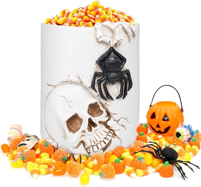 Halloween Large Witch Cauldron Bucket 11.72" White Candy Pot with Skull Spider Resin Halloween Candy Bucket Indoor Decorations for Table Decor Trick or Treat Party Supplies Witch Kettle