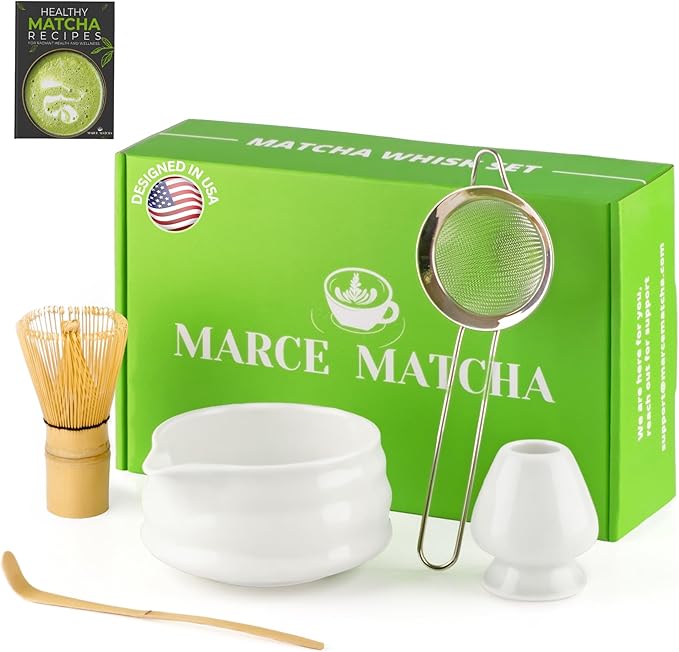 Matcha Whisk Set- Matcha Set includes Matcha Whisk and Bowl with Spout, Sifter, Holder and Scoop- The Perfect Bamboo Whisk for Matcha Tea (White)