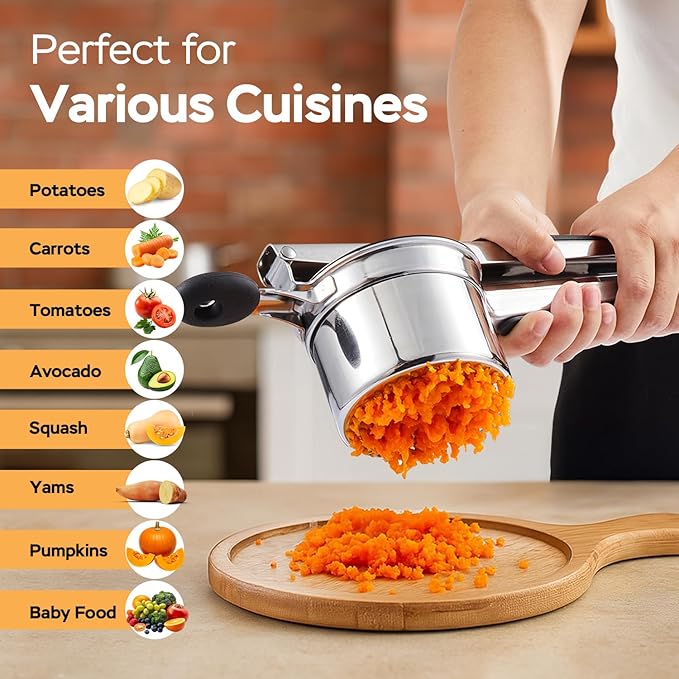 Potato Ricer and Masher Stainless Steel, Large 15 oz Heavy Duty Ricer for Mashed Potatoes, Potato Press Masher with Silicone Handle, Professional Kitchen Press Tool for Potatoes, Vegetables and Fruits