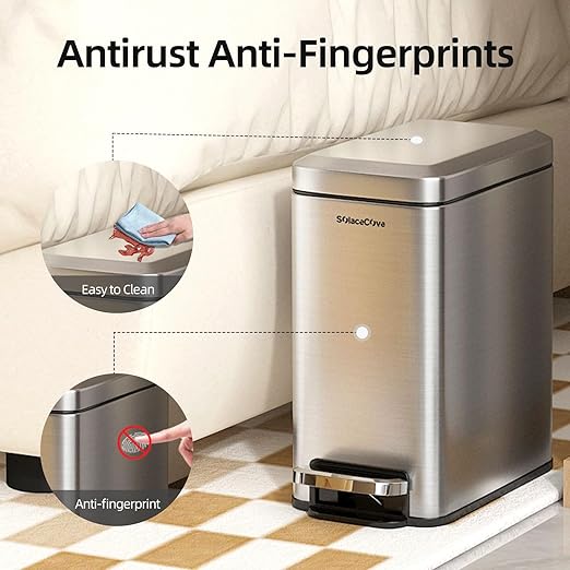 Small Bathroom Trash Can with Soft-Close Lid，6L/1.6 Gal Stainless Steel Slim Step Garbage Can with Removable Inner Bucket for Bedroom、Bathroom