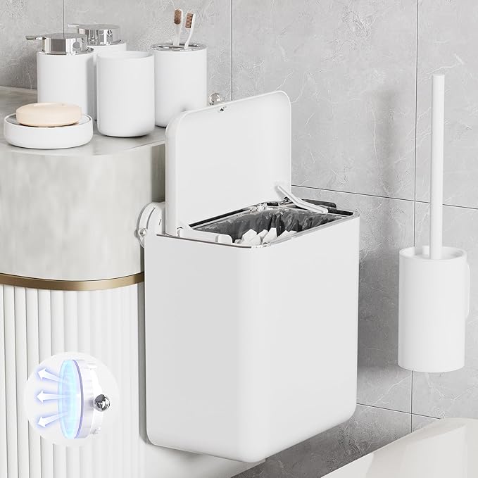 7-Piece White Bathroom Set with Suction Wall Trash Can - Space Saving Organizer Kit with Toilet Brush Holder, Liquid & Foam Soap Dispenser, Toothbrush Holder & Soap Dish for Bathroom Kitchen