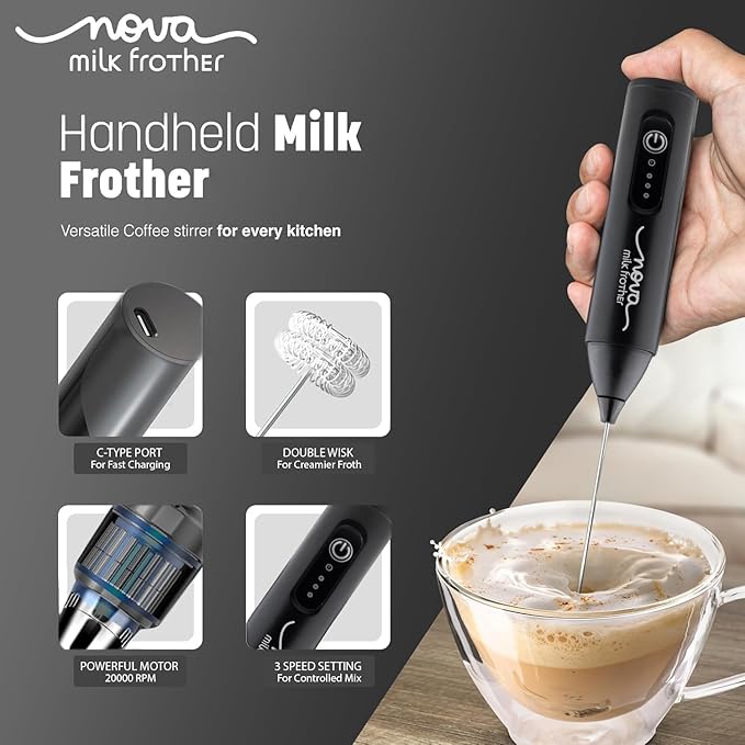 Milk Frother for Coffee, Rechargeable Electric Handheld Frother Wand with Dual Whisk, 3 Speed Settings, Fast Recharge, Powerful Motor, Handheld Mixer Electric 1 Year Warranty