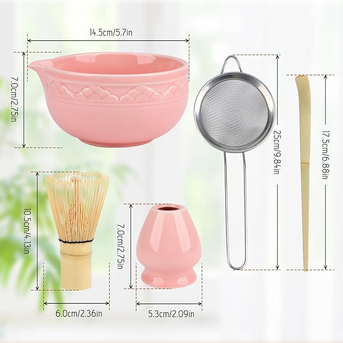 5Pcs Ceramic Matcha Set, Matcha Whisk Set, Tea Set Includes Matcha Bowl, Matcha Whisk and Holder, Sifter, Bamboo Tascoop (Pink)