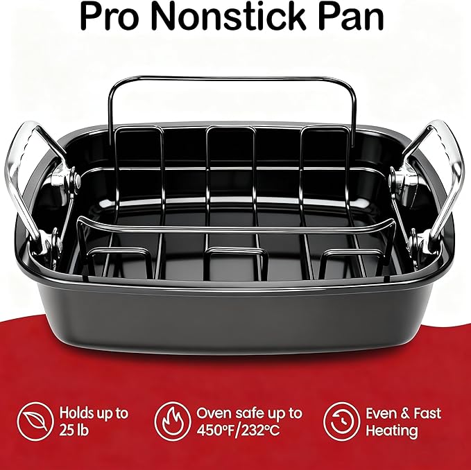 Large Nonstick Roasting Pan with Rack, Turkey Roasting Pan with Wider Handles, Heavy Duty Construction Roaster - 17.2 Inch x 13.5 Inch for Oven