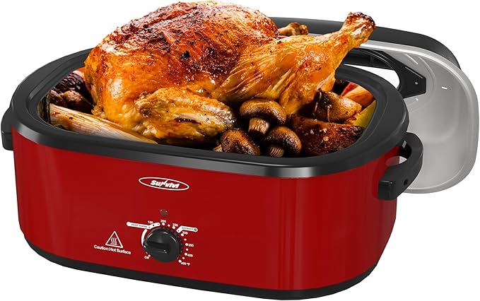 Sunvivi 26 Quart Electric Roaster With Glass Lid, Turkey Roaster Buffet, Self-Basting Lid, Removable Pan, Cool-Touch Handles, Red