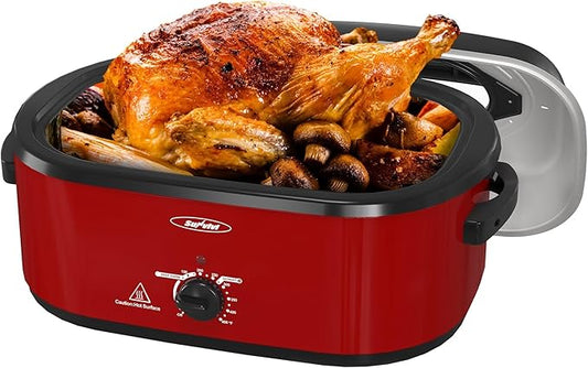 Sunvivi 26 Quart Electric Roaster With Glass Lid, Turkey Roaster Buffet, Self-Basting Lid, Removable Pan, Cool-Touch Handles, Red