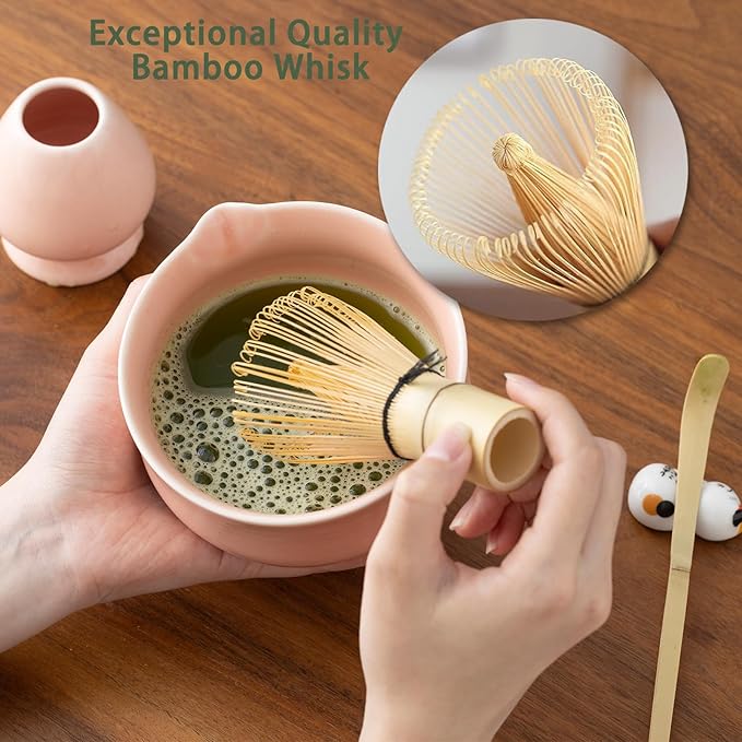 Matcha Set, Pink Ceramic Matcha Kit Includes Matcha Bowl, Matcha Whisk Holder (chasen), Bamboo Matcha Whisk, Bamboo Scoop and Scoop Stand, Japanese Tea Set for Women