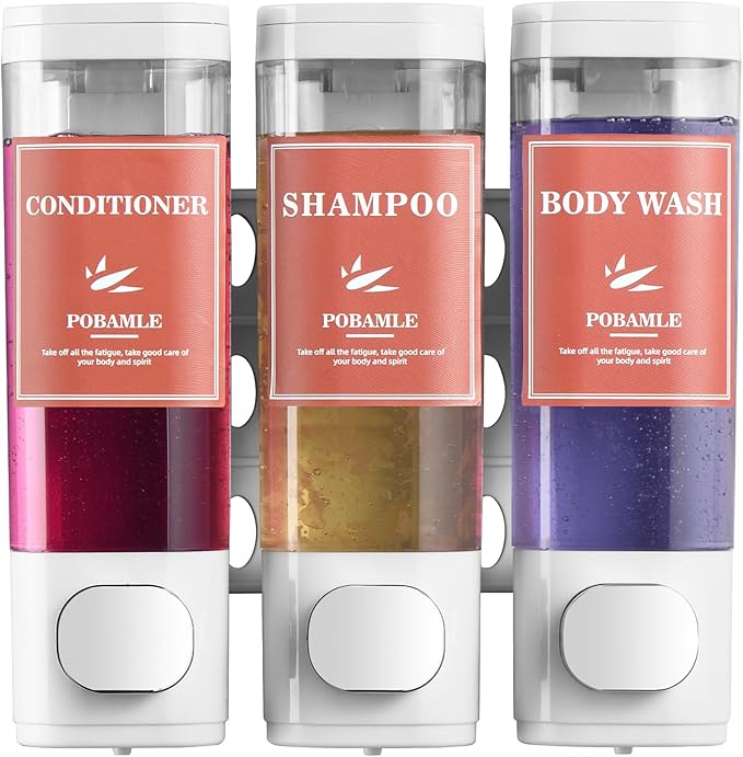 Shampoo and Conditioner Dispenser Wall Mounted Shower Soap Dispenser No Drill Shampoo Dispenser for Shower 3 Chamber Bathroom Body Wash Shower Gel Holder White