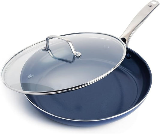 Blue Diamond 12" Nonstick Frying Pan with Lid, Diamond Infused PFAS & PTFE-Free Ceramic Skillet, Dishwasher & Oven Safe, Stay Cool Handle, Durable Non Toxic Metal Utensil Safe, Glass Lid, Blue
