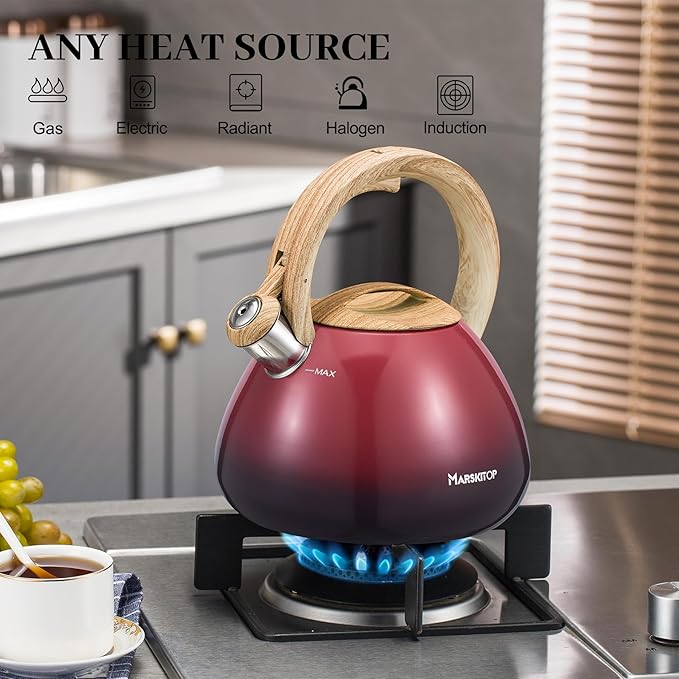MARSKITOP Whistling Tea Kettle for Stove Top, Food Grade Stainless Steel Tea Kettle Teapot for Stovetop with Anti-Hot Ergonomic Handle, 2.6 Quart, Red
