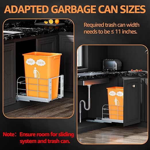 Pull Out Trash Can Under Cabinet with Soft-Close Slides,Heavy Duty 40 Qt Under Sink Trash Can Pull Out for Kitchen,Garbage Can Not Included, Requires Minimum Cabinets Opening 12" W X 17" D
