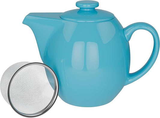 OmniWare 24 Ounce Teapot with Removable Stainless Steel Infuser (Turquoise) - Loose Leaf Tea Brewer, Microwave & Dishwasher Safe, Retro-Inspired Stoneware for Kitchen & Dining