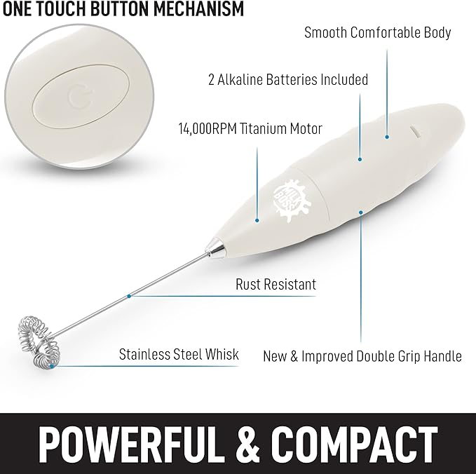 Milk Boss Milk Frother for Coffee - Comfort Grip Matcha Whisk - Electric Matcha Mixer and Mixer Electric Handheld - Coffee Frother Handheld - Electric Drink Mixer With Batteries Included (White)