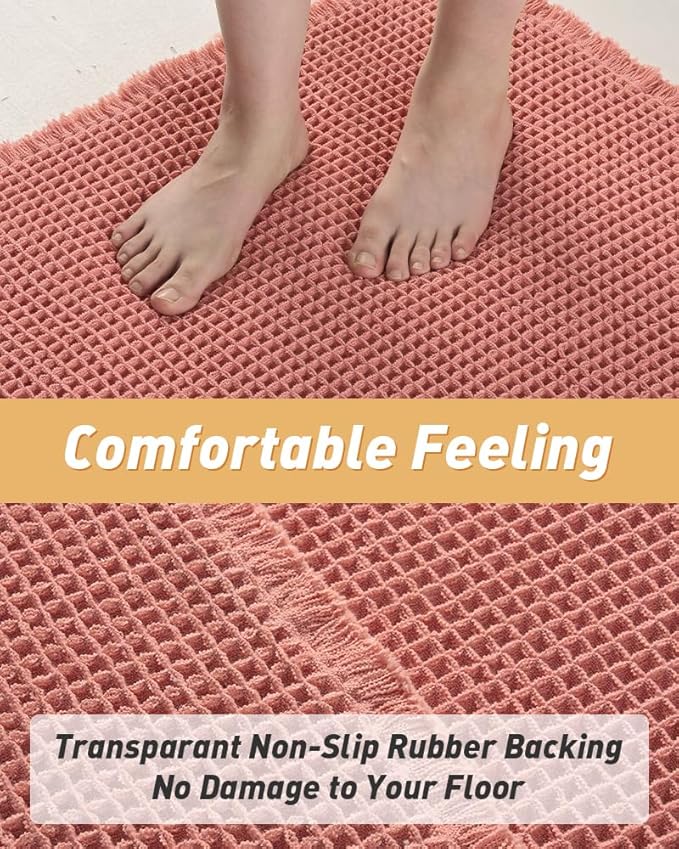 AMOAMI Upgraded Waffle Runner Rug Super Absorbent Non Slip Bath Mats for Bathroom Machine Washable Bathroom Runner Rug with Tassels, Ideal for Hallway Bedroom Laundry Room, 17" x 60", Coral