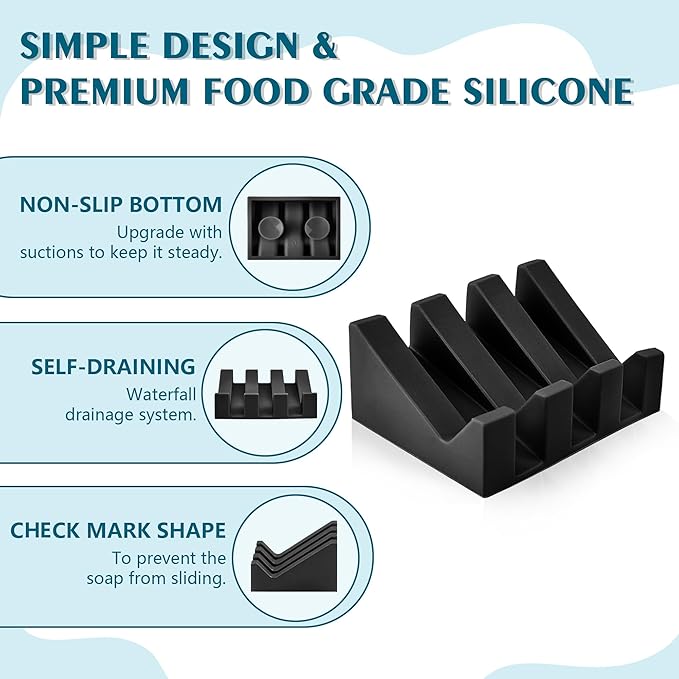 Self Draining Soap Dish,Silicone Suction Cup Soap Holder, Bathroom Soap Dish for Bar Soap,Can Extend Soap Life,Bathroom, Bath Tub, Kitchen Sink (3, Black)