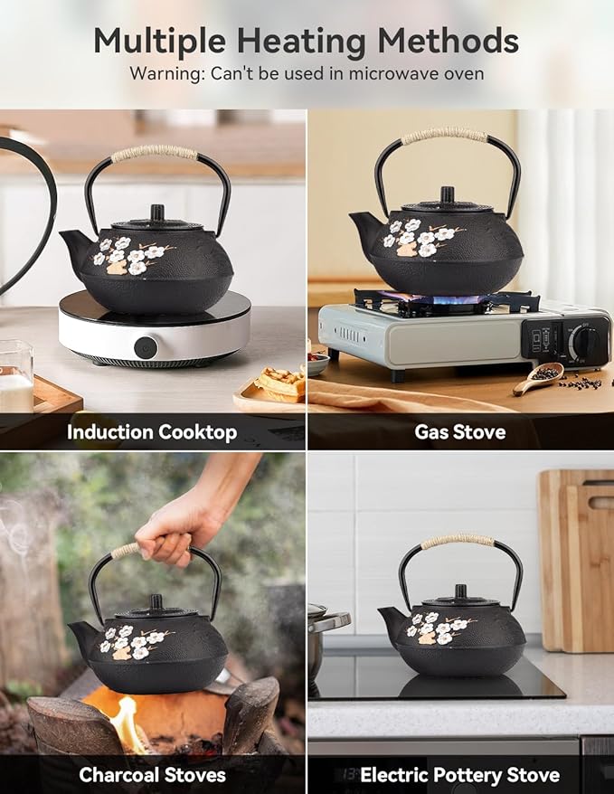 Japanese Cast Iron Teapot with Infuser, Plum Blossom Design, 300ml Capacity, Black, Stainless Steel Infuser, Stovetop Safe